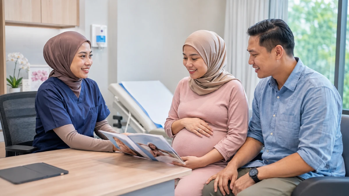Healthcare professional supporting an expectant mother during an antenatal visit
