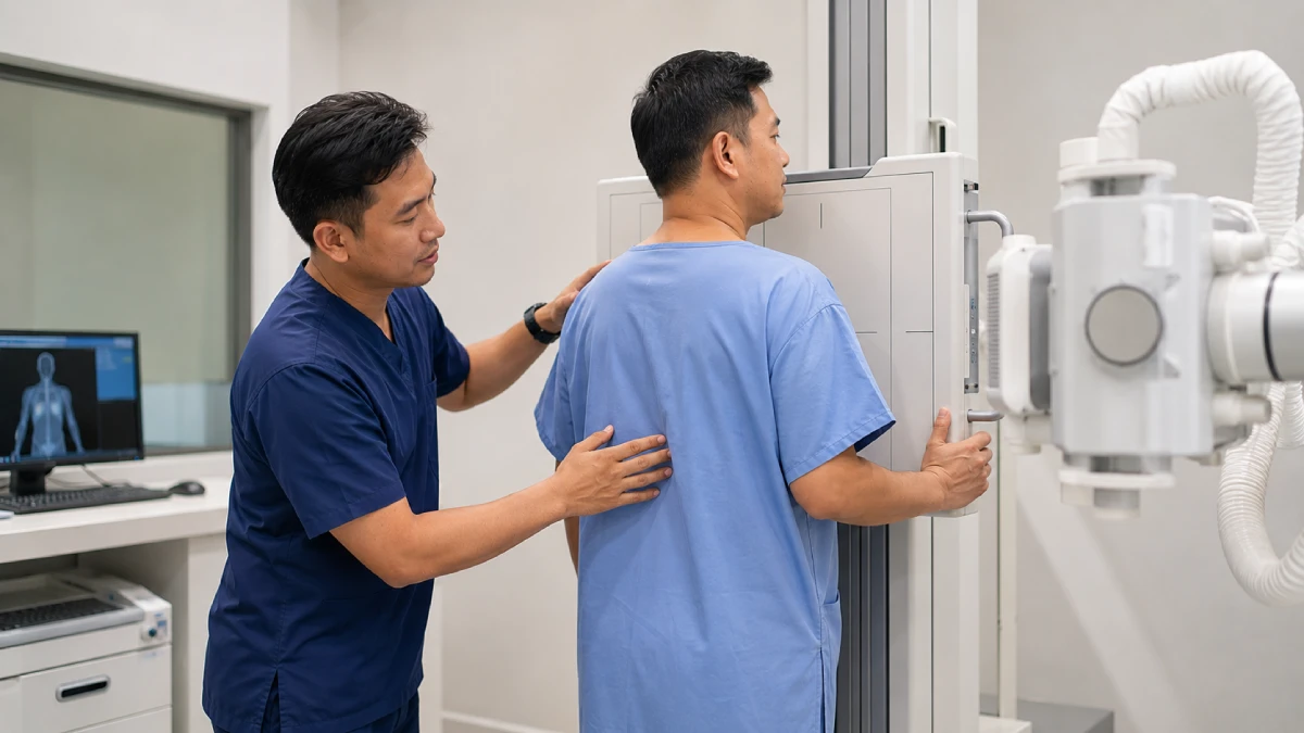Radiographer positioning a patient for a digital X-ray